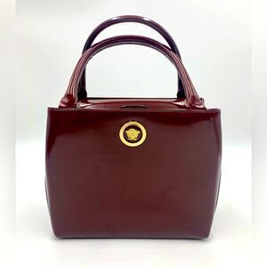 Auth Gianni Versace Small Bordeaux Enamel Top Handle Bag Structured Satchel
